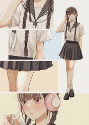  1girl absurdres black_skirt braid commentary hand_up headphones highres loafers macaronk mask mouth_mask neckerchief school_uniform serafuku shirt shoes skirt socks standing twin_braids white_neckerchief white_shirt white_socks 
