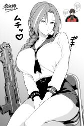  absurdres belt between_thighs braid breasts chair commander_(girls'_frontline) dp-12_(girls'_frontline) folding_chair girls'_frontline_2:_exilium girls_frontline greyscale helen_(girls'_frontline_2) highres large_breasts long_hair meimushi miniskirt monochrome multicolored_hair school_uniform serafuku sitting skirt standard_manufacturing_dp-12 streaked_hair sweat thighs translation_request weapon 