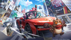  >_< +_+ 4girls 4others @_@ absurdres animal_ear_fluff aqua_hair billboard black_hair black_halo black_necktie car cat_girl chiz_(nte) city coin company_name convertible copyright_name copyright_notice danzaburou_(nte) day dragon_girl dragon_horns dress driving eyewear_on_head frizzle_(nte) glasses gold_coin halo highres horns mint_(nte) money_bag motor_vehicle multicolored_hair multicolored_halo multicolored_horns multiple_girls multiple_others nanally_(nte) necktie neverness_to_everness newspaper nurse_dress official_art open_mouth pink_dress pink_eyes pink_streaks police_car purple_horns red_car red_hair round_eyewear shinku_(nte) shirt streaked_hair sun_glare taygedo_(nte) two-tone_halo vehicle_chase white_halo white_shirt 