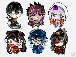  2girls 4boys 67_(meme) :< :/ :d alterkyon anger_vein armband artist_name bags_under_eyes bandage_over_one_eye black_hair black_pants black_suit blue_jacket blush bright_pupils brown_hair chain chibi dress empty_eyes eye_mask eyewear_on_head full-body_tattoo gold_chain gold_trim grey_eyes guan_dao hair_bun hair_ornament hair_ribbon hand_fan heathcliff_(project_moon) highres hohenheim_(project_moon) holding holding_fan holding_weapon hong_lu_(project_moon) hongyuan_(identity)_(project_moon) hood hoodie index_(identity)_(project_moon) jacket jia_xichun_(project_moon) kira_(project_moon) limbus_company long_hair mask meme middle_(identity)_(project_moon) multicolored_hair multiple_boys multiple_girls one_eye_covered pants polearm project_moon purple_pants purple_ribbon purple_streaks red_bandage red_dress red_eyes ribbon scythe sharp_teeth short_hair skull skull_tattoo smile streaked_hair suit sunglasses tattoo teeth twintails unworn_eyewear violet_eyes weapon white_background white_hair white_hoodie white_jacket white_pants white_pupils yellow_eyes yi_sang_(project_moon) 