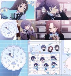  >_< 4girls black_hair black_jacket black_necktie black_pantyhose black_skirt black_thighhighs blue_eyes blue_hair blue_shirt blush braid calendar_(object) chibi clock closed_eyes closed_mouth collared_shirt commentary_request danjou_sora drinking fangs forehead fukumaru_koito glasses grey_jacket grey_sweater_vest hair_ornament hair_ribbon hairclip headphones headphones_around_neck high-waist_skirt highres idolmaster idolmaster_shiny_colors idolmaster_shiny_colors_song_for_prism jacket kneehighs long_hair long_sleeves mitsumine_yuika morino_rinze multiple_girls necktie official_alternate_costume official_alternate_hairstyle official_art open_mouth osaki_amana pantyhose parted_bangs ponytail red_eyes red_hair ribbon school_uniform shirt short_sleeves skin_fangs skirt smile socks standing sticker sticker_on_face sweater_vest thigh-highs twin_braids twintails violet_eyes wall_clock white_socks yellow_eyes 