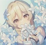  1girl bangs blonde_hair breasts brown_eyes closed_mouth commentary_request detached_sleeves dress flower genshin_impact hair_flower hair_ornament holding holding_flower looking_at_viewer lumine_(genshin_impact) medium_breasts portrait shirase_(shirose) simple_background solo white_dress white_flower 