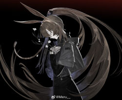 1girl ambience_synesthesia amiya_(arknights) animal_ears arknights braid chinese_commentary closed_mouth commentary_request cowboy_shot from_side hands_on_own_chest head_down hood hood_down hooded_jacket jacket layered_sleeves long_hair long_sleeves meru02295238 official_art ponytail rabbit_ears rabbit_girl short_over_long_sleeves short_sleeves smile solo very_long_hair 