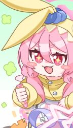  +_+ 1girl animal_costume blue_archive blush chibi commentary_request cosplay crayon crayon_drawing fang hair_between_eyes halo holding holding_crayon hood hood_up hooded_pajamas kigurumi koyuki_(blue_archive) koyuki_(pajamas)_(blue_archive) long_hair official_alternate_costume onesie open_mouth pajamas pink_eyes pink_hair pink_halo rabbit_costume rabbit_pajamas reisa_(blue_archive) siikusitu smile star_halo yellow_pajamas 