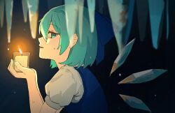  1girl blue_bow blue_dress blue_eyes blue_hair bow candle cirno commentary detached_wings dress from_side hair_bow highres ice ice_wings imkooooww looking_at_viewer open_mouth pinafore_dress puffy_short_sleeves puffy_sleeves shirt short_hair short_sleeves sleeveless sleeveless_dress solo touhou white_shirt wings 
