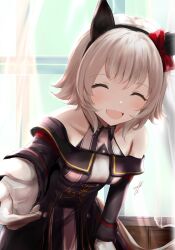  1girl absurdres animal_ears bare_shoulders black_hairband blush bow breasts closed_eyes coat commentary_request curren_chan_(fille_eclair)_(umamusume) curren_chan_(umamusume) dress ear_bow ear_covers gloves grey_hair hairband highres horse_ears horse_girl horse_tail long_sleeves medium_breasts off-shoulder_coat off-shoulder_dress off-shoulder_jacket off_shoulder open_mouth reaching reaching_towards_viewer red_bow short_hair smile solo striped_clothes striped_dress tail umamusume vertical-striped_clothes vertical-striped_dress white_gloves wnaph 