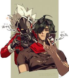  ahoge arrow_(symbol) billy_kid black_shirt border chanjaguru closed_mouth clothed_robot commentary_request cropped_torso eyewear_on_head four-finger_heart_hands green_background green_eyes green_hair hair_over_one_eye hand_up heart heart_hands highres holding holding_phone humanoid_robot lighter_(zenless_zone_zero) phone red_scarf robot robot_boy scar scar_on_arm scarf shirt short_hair sparkle spiky_hair sunglasses torn_clothes torn_shirt translation_request white_border white_hair yellow_eyes zenless_zone_zero 