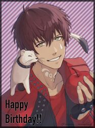  1boy absurdres animal_on_shoulder apple black_border black_gloves border brown_hair dark-skinned_male dark_skin diagonal-striped_background dramatical_murder ermine facial_mark fingerless_gloves food fruit gloves green_eyes grin hair_between_eyes happy_birthday highres holding holding_food holding_fruit jacket looking_at_viewer male_focus mizuki_(dramatical_murder) neck_tattoo open_clothes open_jacket purple_background red_jacket red_shirt shirt short_hair smile solo striped_background tattoo teardrop_facial_mark tiisai_tonakai upper_body weasel 