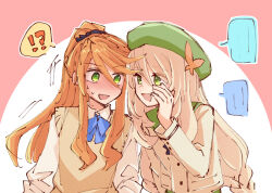  !? 2girls alonemistrist alternate_costume beret blonde_hair celine_(fire_emblem) commentary etie_(fire_emblem) fire_emblem fire_emblem_engage green_eyes green_hat hat high_ponytail long_hair multiple_girls open_mouth orange_hair ponytail speech_bubble 