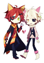  21336 2boys animal_ears ankle_boots belt belt_boots black_belt black_boots black_coat black_pants black_vest boots broken_heart chibi chibi_only closed_mouth coat commentary eyepatch five_nights_at_freddy's five_nights_at_freddy's_2 fold-over_boots foxy_(fnaf) full_body green_eyes hand_up heart hook_hand long_coat long_scarf long_sleeves mangle mismatched_sclera multicolored_boots multiple_boys pants personification prosthesis prosthetic_hand red_hair red_shirt scarf sharp_teeth shirt short_hair simple_background striped_clothes striped_scarf striped_shirt teeth two-tone_boots two-tone_scarf two-tone_shirt vertical-striped_clothes vertical-striped_shirt vest waistcoat white_background white_boots white_hair white_shirt wrist_belt yellow_eyes 