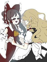 apron ascot black_skirt black_vest blonde_hair blush bow braid brown_hair chantarou closed_mouth commentary detached_sleeves frilled_bow frilled_hair_tubes frills hair_bow hair_tubes hakurei_reimu highres holding_hands interlocked_fingers kirisame_marisa long_hair missing_headwear open_mouth red_bow red_eyes red_skirt ribbon-trimmed_sleeves ribbon_trim side_braid simple_background single_braid skirt skirt_set smile touhou vest waist_apron white_apron white_background white_bow yellow_ascot yuri 