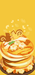  absurdres artist_name banana banana_slice commentary_request cream food food_focus fruit highres leaf no_humans nut_(food) original pancake pancake_stack plate powdered_sugar rizu_(rizunm) simple_background squirrel still_life syrup yellow_background 