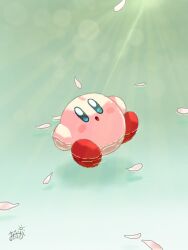  :o afloat blue_eyes blush_stickers commentary_request full_body green_background highres kirby kirby_(series) no_humans odayaka_(odk_yuk) open_mouth petals signature sunlight water 