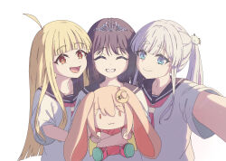  3girls :3 absurdres ahoge black_hair black_sailor_collar blonde_hair blue_eyes brown_eyes character_doll cho_kaguya-hime! commentary doll fang fushi_(cho_kaguya-hime!) highres kaguya_(cho_kaguya-hime!) long_hair mole mole_under_eye multiple_girls neckerchief open_mouth ponytail red_neckerchief runami_yachiyo sailor_collar sakayori_iroha school_uniform selfie serafuku shirt short_sleeves sidelocks simple_background thereaakari tiara white_background white_hair white_shirt 