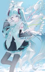  1girl aqua_hair aqua_necktie bare_shoulders black_boots black_skirt boots commentary copyright_request detached_sleeves english_commentary hatsune_miku headset highres instrument kumu39_(pixiv98385696) long_hair looking_at_viewer musical_note necktie number_tattoo paint_palette paintbrush pleated_skirt shirt shoulder_tattoo skirt sleeveless sleeveless_shirt solo tattoo thigh_boots very_long_hair violin vocaloid 