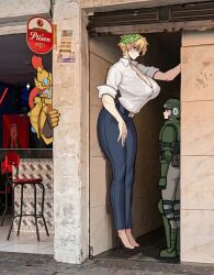  1girl 2boys adeptus_astartes adeptus_custodes astra_militarum blonde_hair blue_eyes building cleavage denim genderswap genderswap_(mtf) giant giantess high_heels highres jeans kabedon laurel_crown multiple_boys pants peeking_out podobrick primarch roboute_guilliman shirt tall_female violet_eyes warhammer_40k white_shirt 