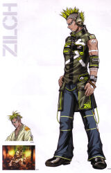  1boy absurdres artbook beatmania_iidx bemani biceps black_shoes blue_pants character_name dougi full_body goli_matsumoto green_hair headphones highres jacket japanese_clothes male_focus mohawk multiple_views muscular muscular_male official_alternate_costume official_art pants scan shaved_head shoes short_hair simple_background solo spiky_hair standing third-party_source white_background zilch_(beatmania) 