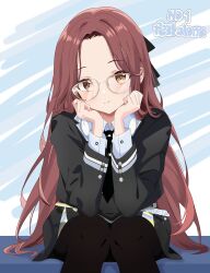 1girl absurdres alternate_costume alternate_hairstyle bare_legs bespectacled black_dress black_necktie black_pantyhose commentary curtained_hair dress feet_out_of_frame forehead glasses highres idolmaster idolmaster_shiny_colors long_hair long_sleeves looking_at_viewer necktie osaki_amana pantyhose shirt sitting smile solo straight_hair very_long_hair white_shirt yquam 