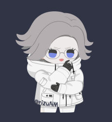  1boy aotsuki_eito artist_name black_background black_gloves blue_eyes commentary_request danganronpa_(series) glasses gloves grey_hair jacket male_focus open_mouth pants rizu_(rizunm) simple_background solo the_hundred_line_-last_defense_academy- white_jacket white_pants 