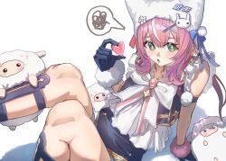  1girl :o animal_hat black_gloves blush cat_hat commentary_request doidamon gloves green_eyes hair_between_eyes hat heart legs looking_at_viewer nijisanji nijisanji_idol_uniform nijisanji_kr pink_hair sheep simple_background solo virtual_youtuber white_background yang_nari 