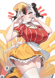  1girl aningay apron black_hair breasts carhop commentary dress heart heart_hands highres large_breasts looking_at_viewer one_eye_closed original pinstripe_dress pinstripe_pattern red_hair roller_skates short_twintails skates skirt smile solo twintails visor_cap waist_apron waitress white_apron white_hair yellow_eyes yellow_skirt 