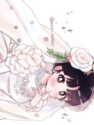  1girl absurdres acco_oekaki bead_necklace beads black_hair blush bridal_veil bride closed_mouth commentary_request dress earrings flower hair_flower hair_ornament highres jewelry leaf necklace pink_eyes pink_lips ranma_1/2 short_hair sideways solo sphere_earrings tendou_akane veil wedding_dress white_flower 