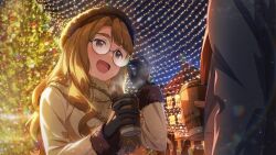  1boy 1girl :d bespectacled black_gloves brown_hair brown_hat brown_scarf card_commentary christmas christmas_tree coffee commentary_request cup disposable_coffee_cup disposable_cup game_asset glasses gloves hat holding holding_cup idolmaster idolmaster_million_live! idolmaster_million_live!_theater_days long_hair long_sleeves looking_at_another miyao_miya night official_art open_mouth out_of_frame outdoors producer_(idolmaster) round_eyewear scarf smile thick_eyebrows third-party_source 
