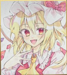  1girl :d ascot blonde_hair bow chisiro_unya_(unya_draw) collared_shirt fang flandre_scarlet frilled_shirt_collar frills hair_between_eyes hat hat_bow highres long_hair looking_at_viewer mob_cap open_mouth portrait red_bow red_eyes red_vest shikishi shirt smile solo touhou traditional_media vest white_hat white_shirt wings yellow_ascot 