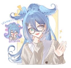  1girl :d aqua_eyes book border cardigan chibi chibi_inset commentary cube_iceeh earrings elira_pendora elira_pendora_(3rd_costume) english_commentary english_text fangs fujoshi glasses hair_between_eyes hands_up head_wings heart heterochromia high_ponytail highres jewelry light_blush long_hair long_sleeves looking_at_viewer nijisanji nijisanji_en notice_lines overlighting ponytail puffy_long_sleeves puffy_sleeves sleeves_past_wrists smile star-shaped_pupils star_(symbol) straight-on symbol-shaped_pupils upper_body violet_eyes virtual_youtuber waving white_border wings yaoi_(object) yellow_background yuri_(object) 