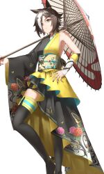  1girl absurdres anzo_(anzu_elichi0928) bare_shoulders black_boots black_kimono black_nails boots breasts brown_eyes brown_hair closed_mouth commentary_request feet_out_of_frame fold-over_boots hair_over_one_eye hand_on_own_hip highres holding holding_umbrella japanese_clothes kimono long_sleeves multicolored_hair nail_polish obi oil-paper_umbrella sash simple_background single_sleeve small_breasts smile solo standing thigh_boots two-tone_hair umamusume umbrella vodka_(umamusume) white_background white_hair white_umbrella wide_sleeves yellow_kimono 