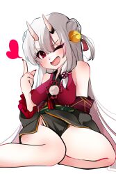  1girl blush commentary_request double_bun fang gradient_hair hair_bun heart highres hololive horns looking_at_viewer multicolored_hair nakiri_ayame nakiri_ayame_(1st_costume) one_eye_closed oni red_eyes red_hair red_streaks sakura_lili skin-covered_horns solo streaked_hair virtual_youtuber white_background 
