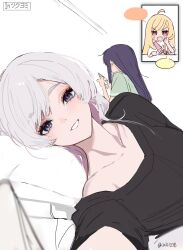  3girls ahoge black_hair blonde_hair blue_eyes cho_kaguya-hime! commentary_request green_shirt highres hixii1238 kaguya_(cho_kaguya-hime!) long_hair multiple_girls open_mouth pink_hair runami_yachiyo sakayori_iroha shirt short_sleeves video_call white_hair 