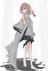  1girl absurdres aki_no_bour3i animal_ears arknights barefoot blue_eyes breasts brown_hair dress floppy_ears full_body grey_dress hierda_(arknights) highres hood hood_up hooded_dress looking_to_the_side rabbit_ears rabbit_girl short_hair simple_background sleeveless sleeveless_dress small_breasts solo standing twitter_username white_background 