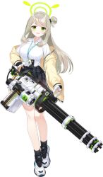  1girl 9ml ammunition_belt black_bow black_gloves black_skirt black_socks blonde_hair blue_archive blush bow breasts buttons cardigan cross-laced_shoes fingerless_gloves full_body game_asset gatling_gun gloves green_eyes green_halo gun hair_bow hair_rings half-closed_eyes halo happy heel_up highres holding holding_gun holding_weapon id_card lanyard large_breasts large_variant_set long_hair long_sleeves looking_at_viewer m134_minigun minigun miniskirt naughty_face nonomi_(blue_archive) off_shoulder official_art open_cardigan open_clothes open_mouth plaid_clothes plaid_skirt shirt_tucked_in shoes sidelocks simple_background single_hair_ring skirt sleeves_past_wrists smile sneakers socks solo standing swept_bangs tachi-e third-party_source transparent_background two-handed v-shaped_eyebrows variant_set weapon white_shoes yellow_cardigan 