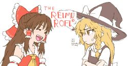  2girls ascot back_bow beachepisode black_vest blonde_hair blush blush_stickers bow braid brown_hair character_name closed_eyes collar collarbone crossed_arms detached_sleeves english_text fang hair_ribbon hair_tubes hakurei_reimu hat kirisame_marisa long_hair looking_at_another multiple_girls nontraditional_miko red_ribbon red_vest ribbon ribbon_in_braid shirt simple_background single_braid smile sweat sweatdrop teeth touhou upper_body upper_teeth_only vest white_background white_shirt witch_hat yellow_ascot yellow_eyes 