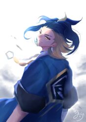  1boy adaman_(pokemon) arm_wrap blue_coat blue_hair brown_eyes closed_mouth coat commentary_request eyebrow_cut green_hair highres jewelry looking_at_viewer male_focus multicolored_hair natu_a0z0ra neck_ring pokemon pokemon_legends:_arceus short_sleeves signature simple_background solo standing 