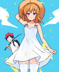  1boy 1girl blonde_hair blue_background collarbone commentary_request dress hat highres holding long_hair nakiri_erina open_mouth red_hair shirt shokugeki_no_souma short_hair smile spiky_hair sun_hat thigh-highs toy-black white_dress white_shirt white_thighhighs yukihira_souma 