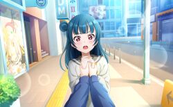  1girl :o black_border blue_hair blush border commentary_request fake_screenshot game_asset hair_bun highres holding_hands interlocked_fingers letterboxed long_hair long_sleeves looking_at_viewer love_live! love_live!_sunshine!! multiple_girls non-web_source official_art open_mouth out_of_frame own_hands_together pillarboxed poster_(object) pov pov_hands school_uniform self-datamine serafuku single_hair_bun single_side_bun solo_focus tsushima_yoshiko uranohoshi_school_uniform violet_eyes world_dai_star 