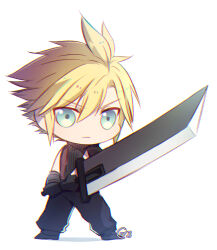  1boy baggy_pants black_gloves blonde_hair blue_eyes buster_sword chibi chibi_only closed_mouth cloud_strife fighting_stance final_fantasy final_fantasy_vii final_fantasy_vii_remake full_body gloves hair_between_eyes highres holding holding_sword holding_weapon male_focus pants ribbed_sweater roptooo short_hair sleeveless sleeveless_turtleneck solo spiky_hair standing suspenders sweater sword turtleneck turtleneck_sweater weapon white_background 