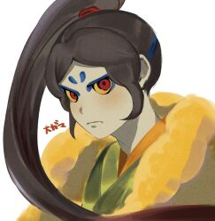  1boy blue_eyeshadow brown_hair colored_sclera commentary_request eyeshadow highres long_hair looking_at_viewer makeup oogama_(youkai_watch) pale_skin ponytail ponzuumeee24 red_eyes simple_background solo translation_request upper_body white_background yellow_sclera youkai_(youkai_watch) youkai_watch 