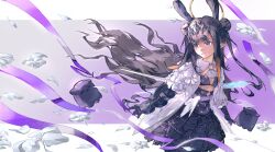  1girl aaagagatha ascot black_dress black_gloves black_hair black_hairband blue_eyes breasts closed_mouth commission diamond_hairband double_bun dress flower gloves gradient_hair hair_bun hairband highres hololive hololive_english jacket long_hair multicolored_hair ninomae_ina'nis ninomae_ina'nis_(ina_the_hero) orange_hair pointy_ears second-party_source small_breasts smile takodachi_(ninomae_ina'nis) white_ascot white_flower white_jacket yellow_background 