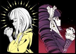  2girls black_background black_hair black_jacket black_nails blunt_bangs celestia_ludenberg closed_eyes closed_mouth commentary danganronpa:_trigger_happy_havoc danganronpa_(series) danganronpa_v3:_killing_harmony drill_hair earrings english_commentary gothic_lolita hands_up interlocked_fingers jacket jewelry lolita_fashion long_hair long_sleeves multiple_girls necktie open_mouth own_hands_together partially_colored praying profile red_eyes red_necktie satori_(aosky9077) smile twin_drills twintails upper_body yonaga_angie 