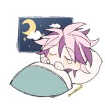  1boy blanket chibi chinese_commentary closed_eyes commentary_request crying dot_nose earrings jewelry male_focus meebo moon multicolored_hair night no_mouth saibou_shinkyoku short_hair sleeping solo theodore_riddle two-tone_hair white_background window 