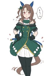  1girl black_gloves black_pantyhose blush brown_hair commentary_request dress ear_covers gloves green_dress hands_on_own_hips hidaka_kouyou highres horse_girl horse_tail king_halo_(king_of_emeralds)_(umamusume) king_halo_(umamusume) medium_hair pantyhose red_eyes solo speech_bubble sweat tail umamusume white_background 