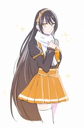  1girl alternate_costume alternate_hairstyle black_hair bow closed_mouth cowboy_shot enoki_(megaclam) hair_ribbon hand_on_own_chest long_hair long_sleeves looking_at_viewer orange_bow orange_eyes orange_ribbon orange_skirt orange_theme ribbon scarf simple_background skirt solo sparkle tales_of_(series) tales_of_berseria thigh-highs velvet_crowe very_long_hair white_background white_scarf white_thighhighs 