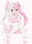  1girl animal_ears blush commission full_body indie_virtual_youtuber long_hair looking_at_viewer maid maid_headdress marshie_(vtuber) multicolored_hair open_mouth pink_hair pink_theme rabbit_ears rabbit_girl skeb_commission solo split-color_hair thigh-highs twintails uu3cm violet_eyes virtual_youtuber white_background white_hair 