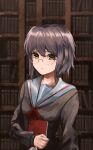  1girl absurdres bangs blue_sailor_collar book bookshelf brown_cardigan brown_eyes cardigan closed_mouth commentary_request glasses highres holding holding_book kita_high_school_uniform long_sleeves looking_at_viewer momogu nagato_yuki nagato_yuki-chan_no_shoushitsu purple_hair red_ribbon ribbon sad sailor_collar school_uniform serafuku short_hair solo suzumiya_haruhi_no_shoushitsu suzumiya_haruhi_no_yuuutsu upper_body 