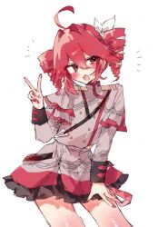  1girl ahoge bow buttons commentary double-breasted drill_hair grey_jacket grey_skirt hair_between_eyes hair_bow hair_ribbon jacket kasane_teto kasane_teto_(sv) long_sleeves looking_to_the_side mochimochi_(kh0km4owii6325) musical_staff musical_staff_print open_mouth red_eyes red_hair red_trim ribbon shirt shoulder_belt shoulder_boards simple_background skirt sleeve_cuffs solo striped_clothes striped_jacket twin_drills untranslatable_commentary utau v white_background white_bow white_ribbon 