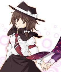  2girls black_capelet black_hat black_skirt bow brown_hair buttons capelet collared_shirt commentary dress frilled_bow frills gap_(touhou) hair_bow hat hat_bow holding_hands long_sleeves maribel_hearn medium_hair multiple_girls necktie purple_dress red_necktie shirt shirt_tucked_in skirt sleeve_cuffs sleeve_garter solo_focus touhou unagi_sango usami_renko white_background white_bow white_shirt 
