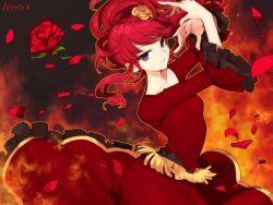  1girl aikatsu! aikatsu!_(series) arms_up artist_name breasts commentary_request cowboy_shot dancing dress falling_petals fire flamenco flamenco_dress flower frilled_sleeves frills hair_flower hair_ornament hitoto kurebayashi_juri long_hair looking_at_viewer medium_breasts petals ponytail red_dress red_flower red_hair red_rose rose smile solo standing violet_eyes 